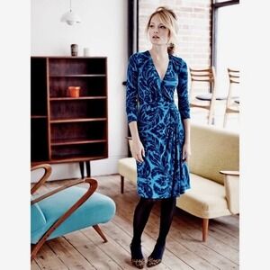 BODEN Henrietta Faux Wrap Day Dress Navy Royal Blue Scroll Print Size 12